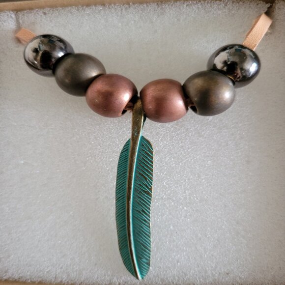 Black & Brown Beads on Brown Faux Leather, Green Leaf Pendant - Picture 1 of 1